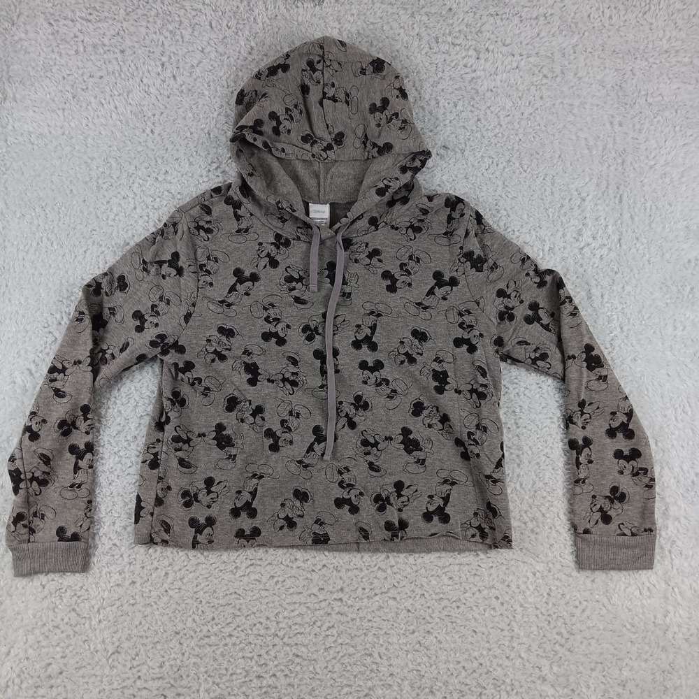 Disney Mickey Mouse Hoodie Womens XL Gray All Over Print Cropped JT20761